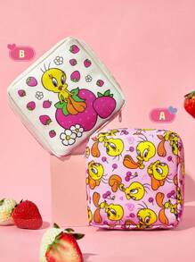 LOONEY TUNES X SHEIN 1 件 RPET 可爱卡通崔弟鸟和草莓印花卫生巾收纳袋，可用作女性卫生用品收纳袋、数码收纳袋、小物品收纳袋