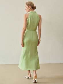 MOTF PREMIUM 亚麻正面结饰连衣裙 - 綠色 - 查看 4