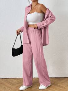 SHEIN PETITE 2件組女款純色長袖單排扣襯衫與長褲休閒套裝，適合嬌小女性 - 粉色 - 查看 5
