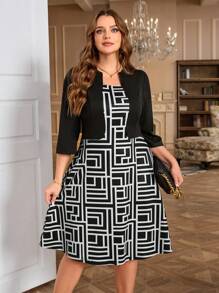 SHEIN Clasi Đầm midi thanh lịch họa tiết hình học tay lỡ cỡ lớn 3/4 cho nữ - Đen và trắng - Xem 3