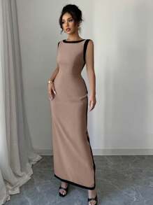 Elenzga Women's Elegant Casual Commuting Sleeveless High Waist Comfortable Vacation Holiday Color Blocking Trim Split Maxi Dress - Mocha Brown - View 6