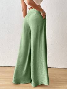 SoleilVie Quần ống rộng xếp ly màu trơn đơn giản thường ngày cho nữ - Màu xanh Ô liu - Xem 2