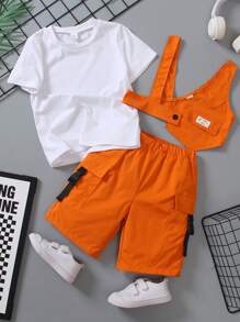 SHEIN Young Boy Street Style Short Sleeve Round Neck T-Shirt, Cool Workwear Patchwork Vest, Loose Shorts 3-Piece Set, Comfortable And Fashionable For Spring And Summer Khaki Young Boys Setsgreen Young Boys Sets - Multicolor - View 6