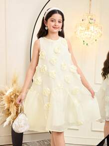 Elegantes ärmelloses Kleid mit 3D-Blumenmuster aus Organza-Patchwork in A-Linie für Tween-Mädchen - Aprikosenfarben - Übersicht 4