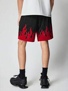 ROMWE MEN Street Life Men's Flame Printed Front Tie Pocket Casual Shorts