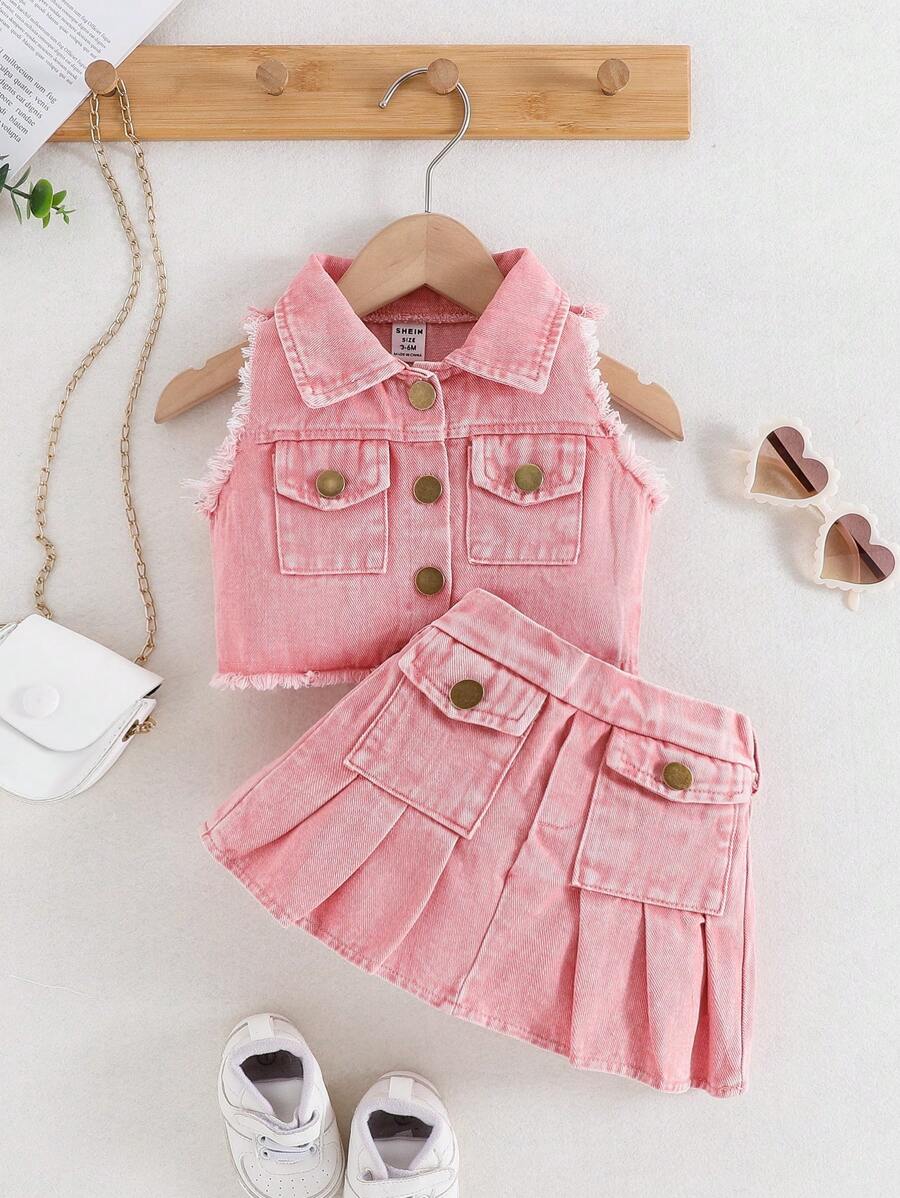 SHEIN Playful Pals 女婴时尚、优雅、别致的做旧蓝色牛仔上衣+配套半裙夏季套装 - 粉色 - 查看 1