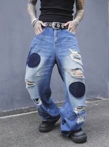 Manfinity EMRG Men's Casual Loose Fit Pockets Distressed Wide Leg Jeans - Blue - View 4