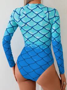 Swim SPRTY 1pc Women Gradient Mermaid Zip-Up Tight-Fitting One-Piece Swimsuit, Blue Surfing Suit, Summer Beach Outfit, Halloween - Blue - View 2
