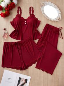 SHEIN Plus Size 3pcs Plain Color Lace Camisole Pajama Set, Simple & Fashionable, Suitable For Summer, Outfits - Burgundy - View 1