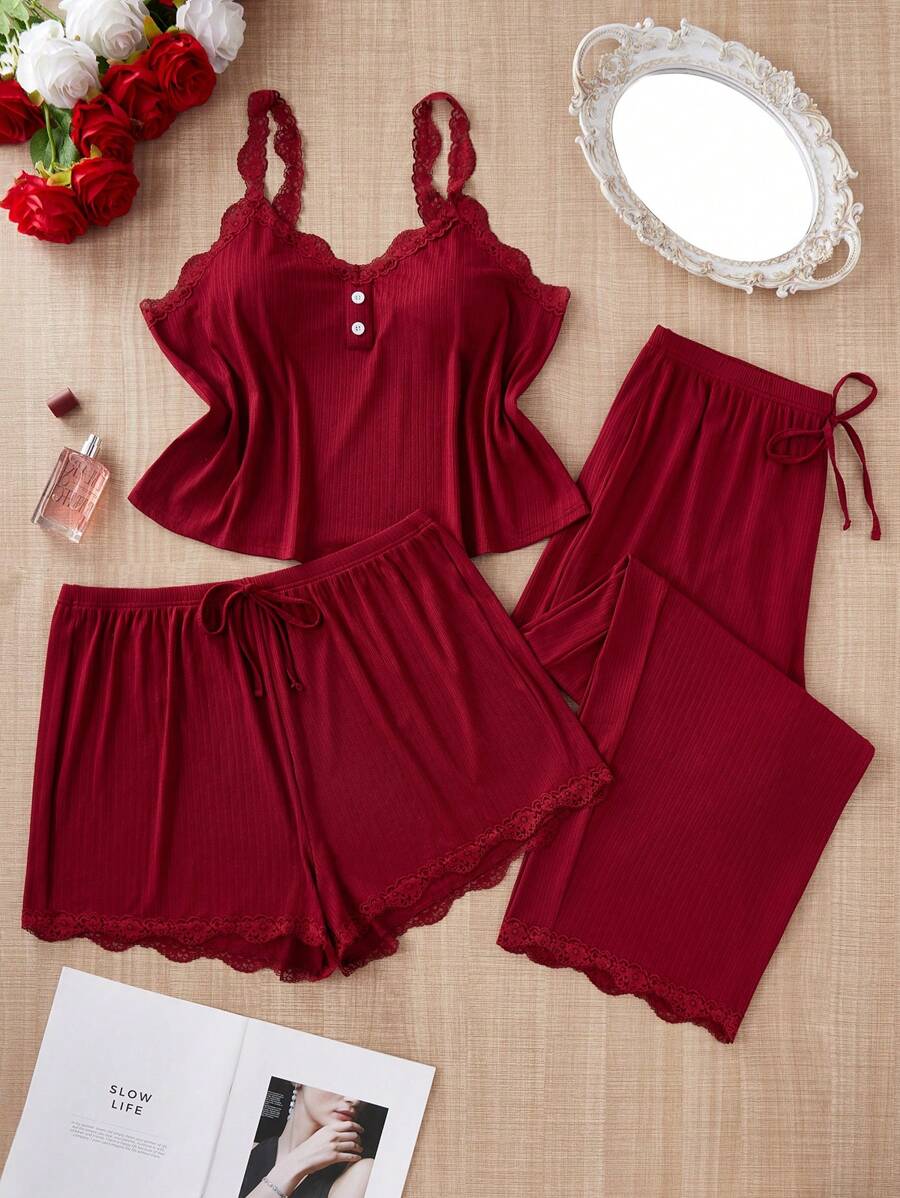 SHEIN Plus Size 3pcs Plain Color Lace Camisole Pajama Set, Simple & Fashionable, Suitable For Summer, Outfits - Burgundy - View 1