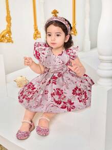 SHEIN Red Textured Fabric Cute Babygirl Summer Dress - Red - View 3