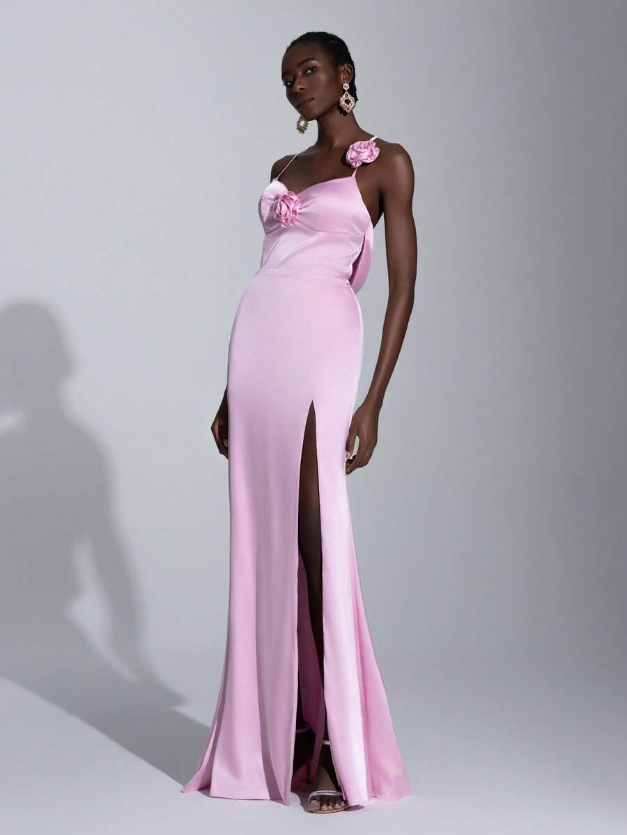 SHEIN Belle 优雅粉色手工 3D 花朵垂领交叉后背缎面正式伴娘礼服，适合婚礼、酒会、舞会、毕业典礼、宴会、伴娘礼服 - 粉色 - 查看 1