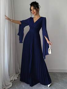 Elenzga Đầm Maxi Nữ Thanh Lịch Lãng Mạn Cổ Chữ V Tay Hở Xếp Ly Trang Phục Nữ - Màu xanh hải quân - Xem 5