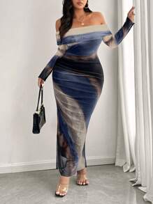 SHEIN Unity Plus Size Women's Tie-Dye Print Off-Shoulder Long Sleeve Ruffle Fitted Dress, Fashionable For Autumn Maxi Women Outfit - Royal Blue - View 6