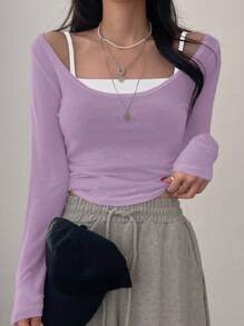 DAZY 2pcs/Set Women Solid Color Long Sleeve T-Shirt And Camisole,Fall Clothes - Mauve Purple - View 3