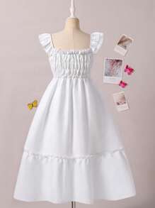 SHEIN 少女白色短袖收腰连衣裙，带彩色荷叶边下摆 - 白色 - 查看 4