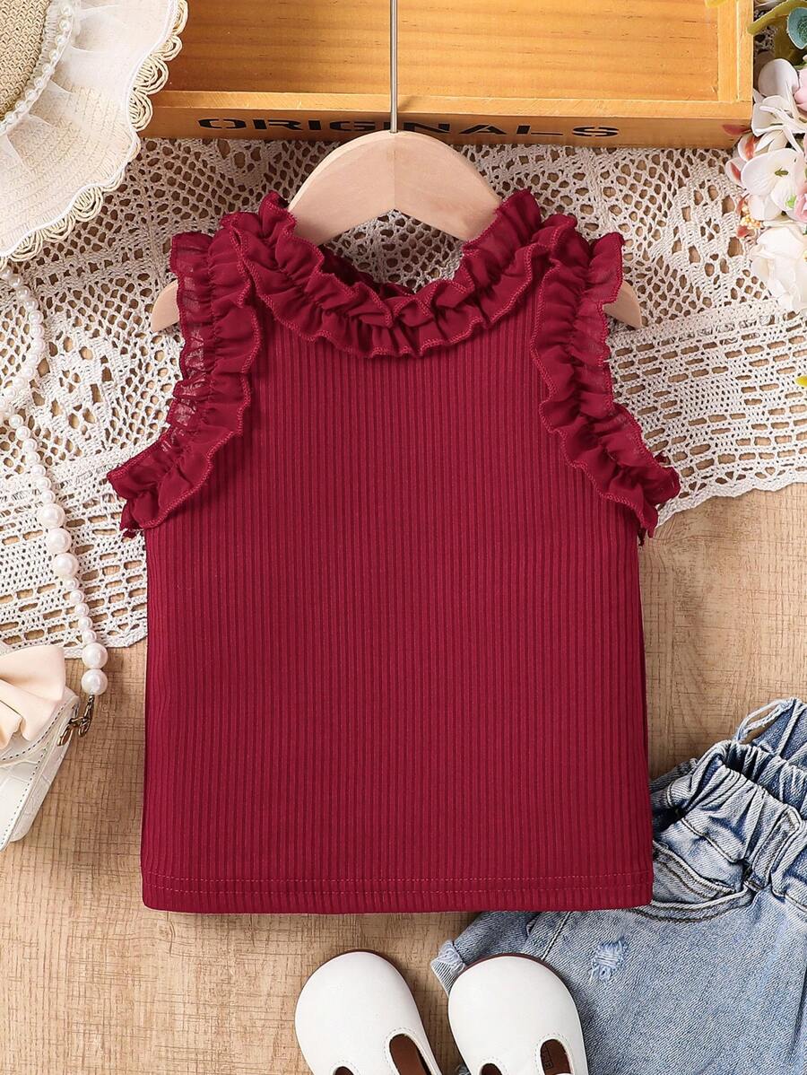 Girls Fashion Ruffle Hem Tank Top, Summer - Burgundy - View 1