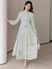DAZY 女士超大花朵中长连衣裙，适合度假、春秋季长袖连衣裙 - 綠色 - 查看 3