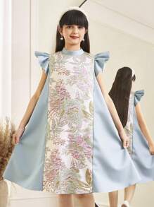 SHEIN Tween Girl Loose Elegant Jacquard Patchwork Ruffle Sleeve Round Neck A-Line Dress - Green - View 5