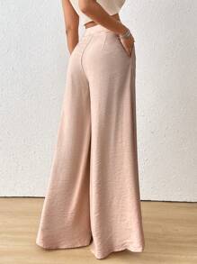 SoleilVie Fall Women Clothes Women's Solid Color Waist Button Design Wide Leg Loose Casual Pants - Dusty Pink - View 2