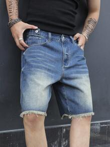 Manfinity EMRG Pantalones cortos vaqueros casuales para hombres con botones frontales, bolsillo y bordes deshilachados