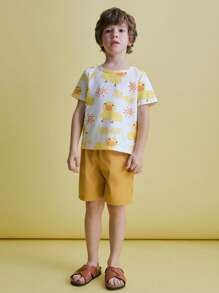 SHEIN 2pcs/Set Young Boys Cute Animal Print Basic T-Shirt And Elastic Waist Yellow Shorts Sets - Yellow - View 5