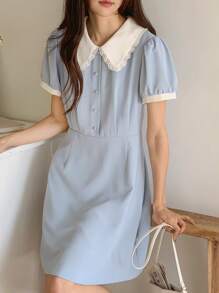 DAZY Color Block Puff Sleeve Mini Dress For Women Summer Sundress - Blue - View 1