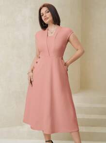 SHEIN Clasi Elegantes Bürokleid in großer Größe mit Knopfverzierung - Pink - Übersicht 6