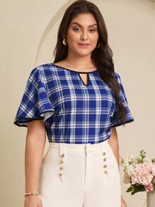 EMERY ROSE Plus Size Keyhole Neck Ruffle Short Sleeve Plaid Casual T-Shirt, Summer , Vacation Woman , Vacation, Boho Women - Navy Blue - View 1