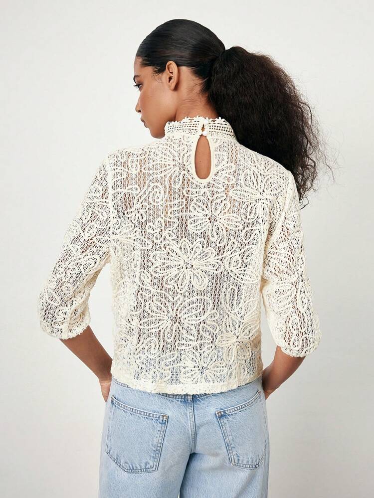 SHEIN Maija 2025 Summer New Lace Stand Collar Mid-Length Sleeve Textured Embroidery Semi-Sheer Lace Fabric Music Festival Beach Resort Casual Romantic Urban Resort Suitable For Outings, Parties, Weddings, Guests, Retro Styled, Graduation Season Ladies Top