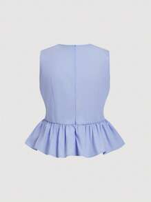 SHEIN MOD Plus Size Women Cute Ruffle Hem Bow Decor Sleeveless Blouse, Peplum Top - Blue - View 2
