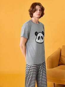 Happy Jammies 2pcs Men's Cartoon Panda Print Short Sleeve T-Shirt And Striped Pants Pajamas Set