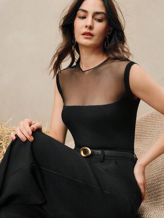 Anewsta Women Fitted Round Neck Transparent Patchwork Knit T-Shirt, Elegant For Spring & Summer