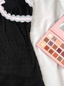 SHEIN Teen Girls Summer V-Neck Contrast Lace Dress With Bowknot Decorated Straps/Ballet Core/ Cute