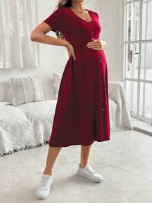 SHEIN Women Elegant V-Neck Short Sleeve A-Line Button Decor Maternity Dress For Summer