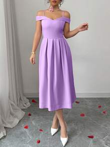 Rafferiza Elegante vestido rosa con escote hombros descubiertos, volantes en la cintura, talla grande, apropiado para uso diario, citas, fiestas - Púrpura malva - Ver 3