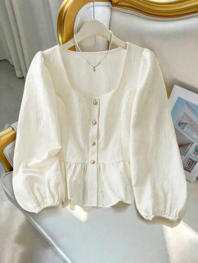 DreamSkyne Blusa de escote cuadrado elegante de jacquard con vuelo en la cintura, adecuada para el trabajo y el commute, talla grande