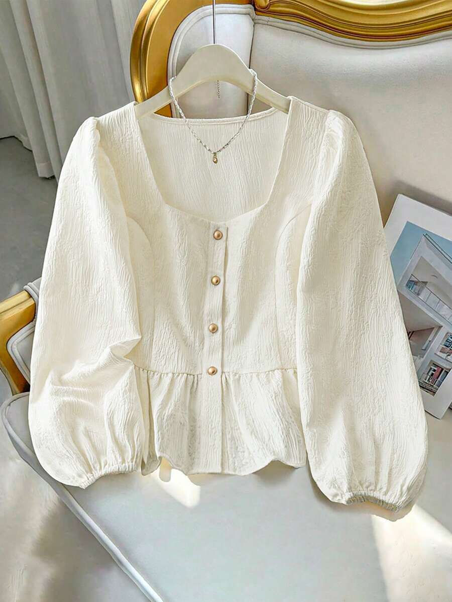 DreamSkyne Plus Size Women Square Neck Elegant Jacquard Waist Flair Blouse, Suitable For Work And Commute Fall Cloth For Women