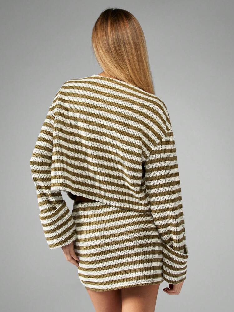 MISSGUIDED Ribbed Knit Button-Up Cropped Cardigan And Mini Skirt Set Two Piece Outfit Striped Co-Ord Set Fall Winter Loungewear Fashion Set