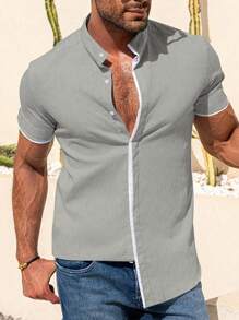 Manfinity Mode Men's Casual Simple Contrast Trim Short Sleeve Shirt - Light Grey - View 4