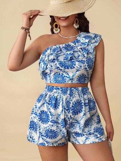 SHEIN VCAY Plus Size Asymmetrical Neck Summer Boho Women's Floral Print Cropped Top And Shorts Set
