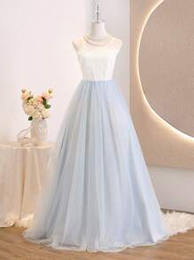 优雅蕾丝撞色网眼吊带连衣裙，适合伴娘、花童、舞会、婚礼、生日派对、少女 - 藍白色 - 查看 7