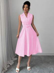 Elenzga Vestido midi sin mangas de rayas para mujer, para el verano