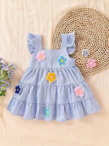 SHEIN Playful Pals 女婴休闲度假彩色条纹荷叶边吊带 3D 花卉装饰连衣裙，夏季