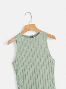 SHEIN EZwear Solid Ruched Ribbed Knit Split Thigh Dress,Sage Green Dress - Mint Green - View 3