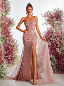 Glamrae Elegant Lotus Pink Luxury Bead & Sequin Mesh Splice Handcrafted Rhinestone Embellished Strapless Fishbone Side High Slit Fishtail Formal Evening Gown - Dusty Pink - View 6