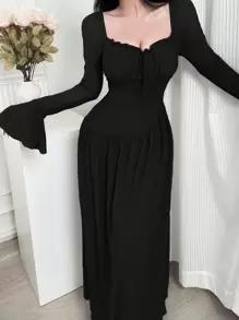 Feyla 女士纯色前系带喇叭袖优雅连衣裙 - 黑色 - 查看 6