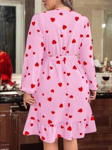 SHEIN Clasi Plus Size Women's Cross-V Neck Heart Print Belted Dress,Valentine