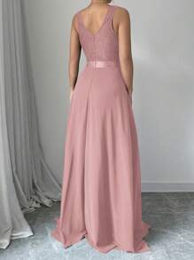 Elenzga 无袖 V 领收腰 A 字型优雅浪漫女士派对连衣裙 女式长款套装