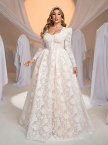 Glamrae Plus Size Elegant Romantic Sweetheart Neck Long Sleeve See-Through Mermaid Hem Wedding Dress For Bride - White - View 7